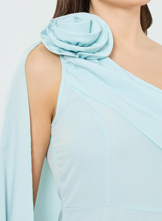 Take Two Women Turquoise One Shoulder Cape Sleeve Maxi Dress - Image 3